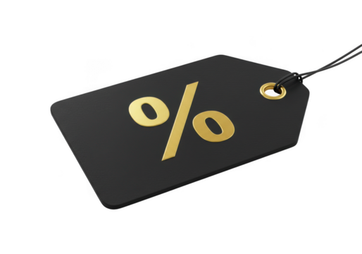 Black tag with gold percentage symbol isolated on transparent background - Powered by Adobe