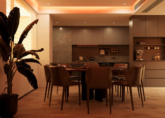The kitchen bathed in warm, orange light that simulates a sunrise