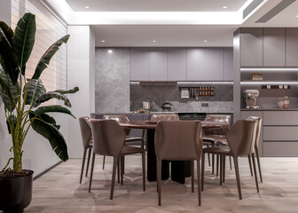The kitchen illuminated by cool white lighting