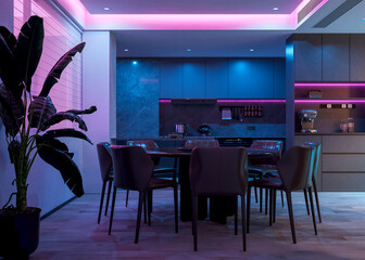The kitchen is transformed by a romantic lighting mode