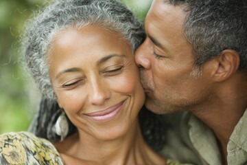 A mature man tenderly kissing his beautiful, smiling wife on the cheek, expressing his love and affection in a warm, intimate moment.