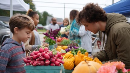 Community members enjoy a local farmers market featuring fresh vegetables and vibrant produce in a lively outdoor setting