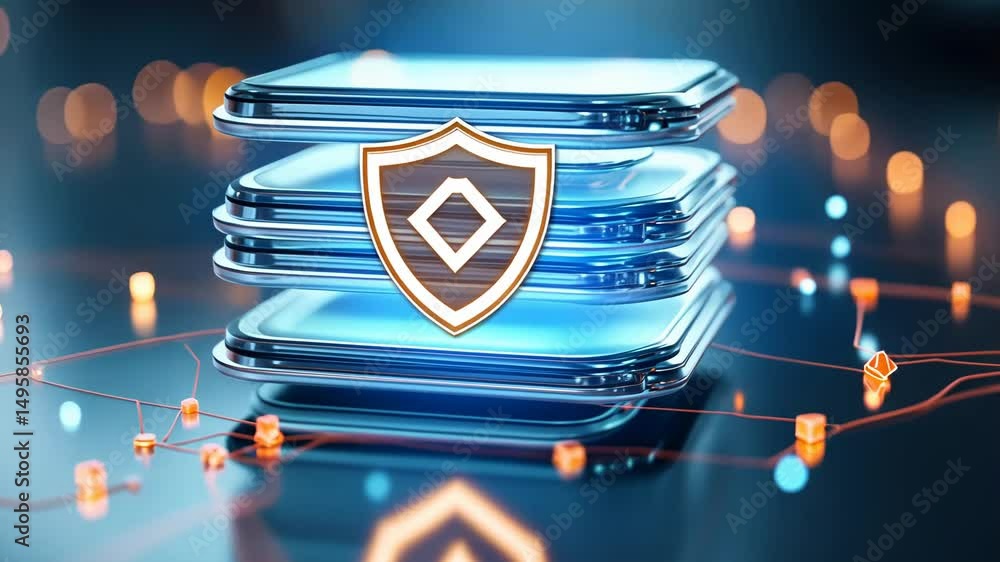 Poster futuristic data protection: digital shield over layered servers with cybersecurity network.