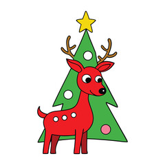 A festive red reindeer stands proudly beside an ornamental Christmas tree, adorned with sparkling lights and baubles, capturing the magic of the holiday season.
