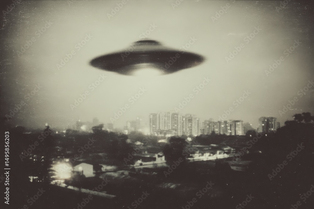 Poster a blurry and mysterious image of a ufo hovering over a cityscape at night, casting an eerie glow acr