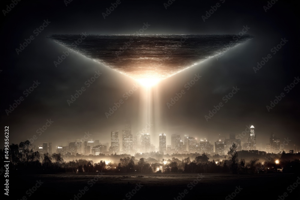 Poster a dramatic science fiction scene featuring a colossal, triangular alien spaceship hovering over a mo