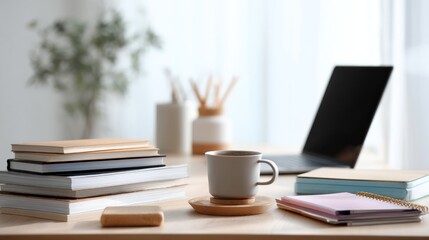 Cozy workspace with books, coffee, and laptop