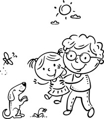 Cartoon outline illustration of father and daughter spends time outdoor. Family activity clipart