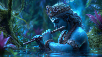 Lord Krishna enchants nature with his flute melody at dusk