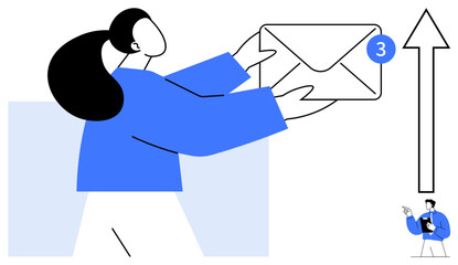 Woman holding envelope with notification badge and upwards arrow hints at communication, productivity, and growth. Ideal for email marketing, success, teamwork, business solutions, networking, online