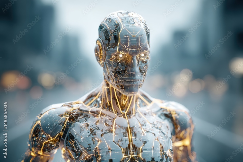 Poster a futuristic humanoid robot with glowing eyes stands out in a blurred cityscape, embodying advanced 