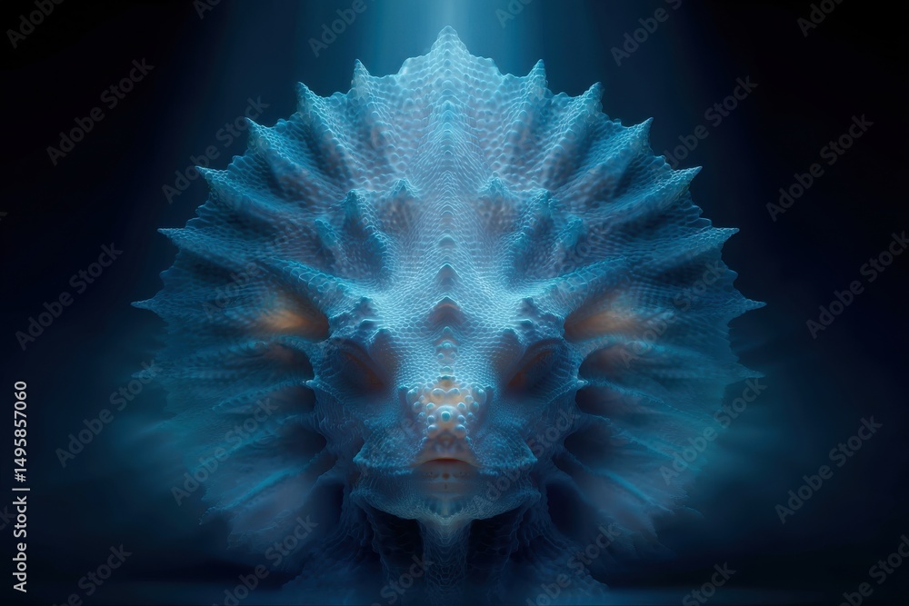Fototapete an abstract symmetrical organic structure in shades of blue, illuminated by a soft light, creating a