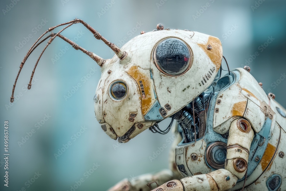 Poster close-up of a surreal robot resembling an ant with detailed mechanical parts and weathered textures,