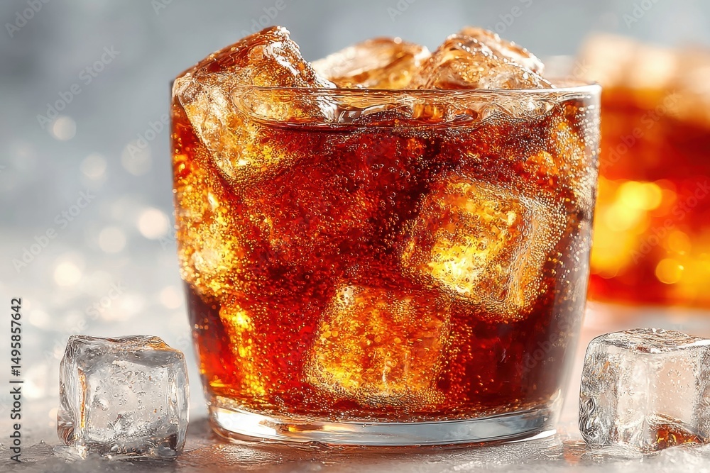 Aufkleber refreshing cola with ice cubes in a glass, capturing the effervescence and inviting coolness on a br