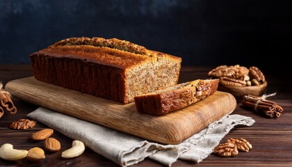 banana bread with cinnamon and walnuts on wooden board texture of vegan banana cake