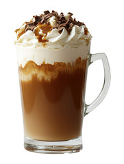 Coffee beverage with whipped cream, caramel, and chocolate shavings on transparent PNG image