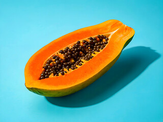 Vibrant Halved Papaya on Blue Surface