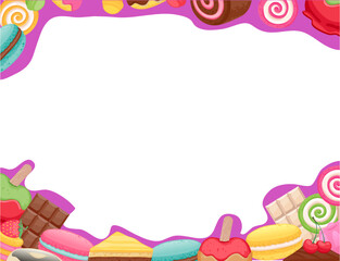 frame with colorful candies A vibrant array of colorful candies and lollipops arranged in a circular frame, providing a playful and festive backdrop for any sweet treat.