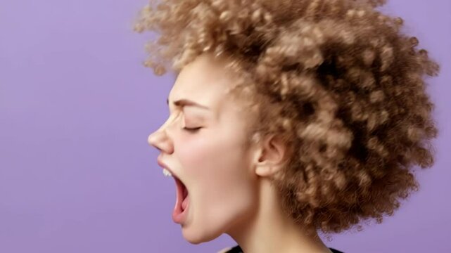 Expressive young woman yawning against vibrant purple background capturing raw emotion.