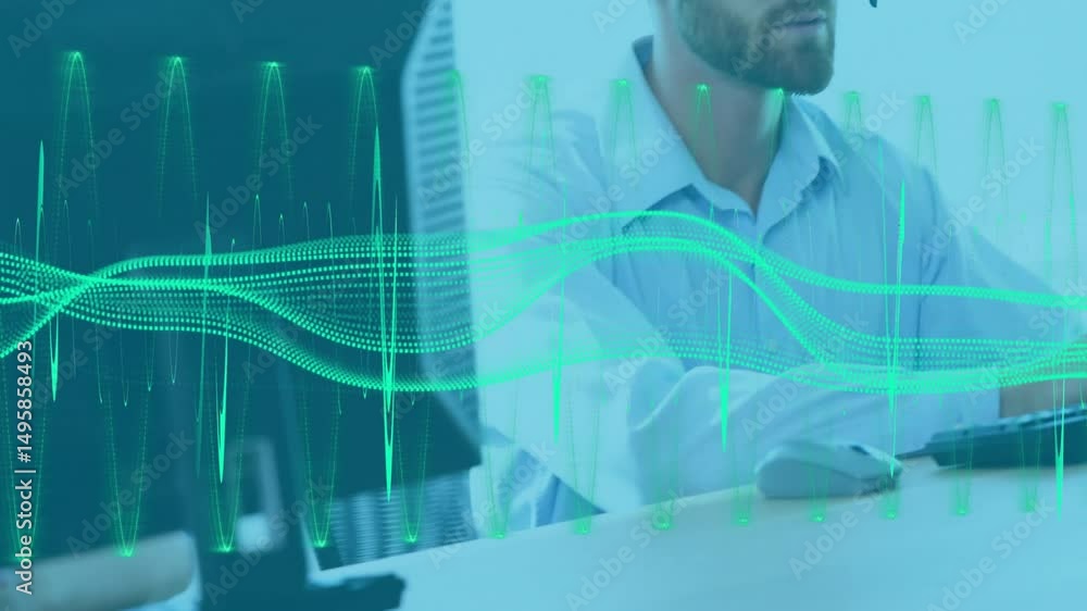 Poster on receiving call, helpdesk agents typing then male agent navigating mouse while waveform pulsating