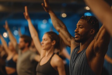 A focused group of diverse people doing yoga, raising their arms in a Warrior pose, practicing mindfulness and meditation in a wellness studio, promoting health and balance.