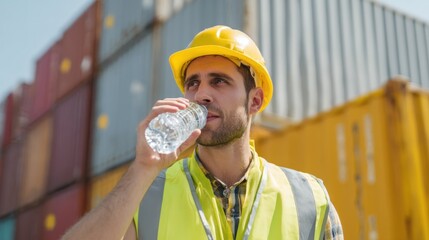 Worker taking a water break in a container terminal