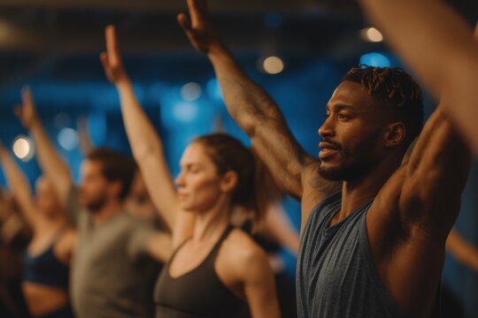 A focused group of diverse people doing yoga, raising their arms in a Warrior pose, practicing mindfulness and meditation in a wellness studio, promoting health and balance.