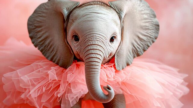 Adorable baby elephant wearing pink ballerina tutu in a cute and playful pose.