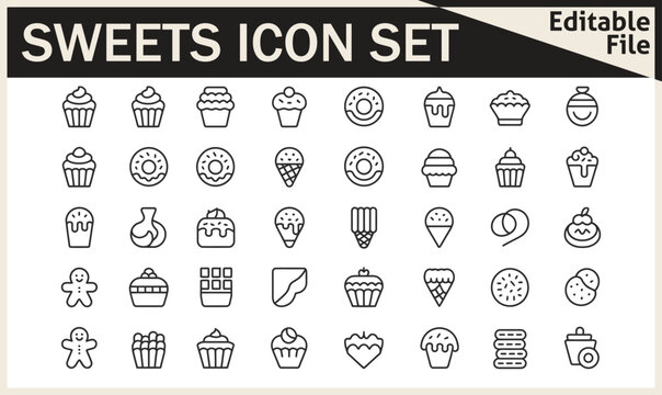 Sweets Icon Set Featuring Honey Jar, Toffee, Swirl Candy, Birthday Cake, Chocolate Bar, Cake Slice, Cookie, Donut, Brigadier, Cotton Candy, Wafer, and Honey in Fun Vector Illustration