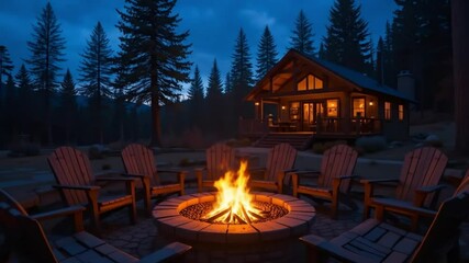 cabin, fire, night, outdoor, nature, cozy, flames, glow, rustic, wood, landscape, trees, sky, stars, peaceful, warm, firepit, seating, forest, camping, flickering, smoke, wilderness, serenity, logs, m