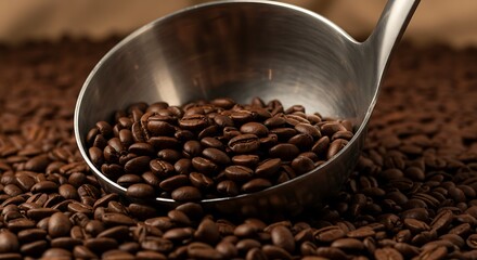 Fototapeta premium a ladle scooping up roasted coffee beans from a pile of beans. Freshly roasted aromatic strong dark brown coffee beans