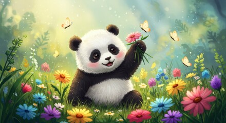 Naklejka premium Panda cub with flowers in forest clearing
