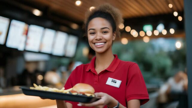 Fast Food Counter with Cheerful Cashier and Digital Menu Board