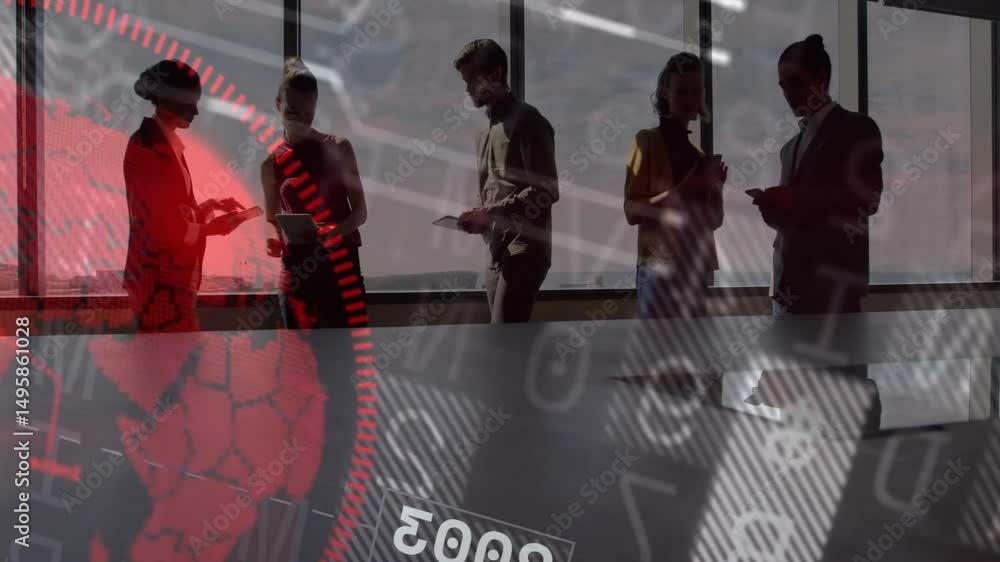 Poster business colleagues swiping devices in office, activating data matrix pulsing red hud for analytics