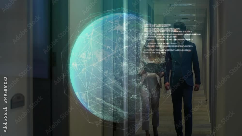 Poster colleagues tapping tablet while walking corridor with holographic globe showing code in tech demo
