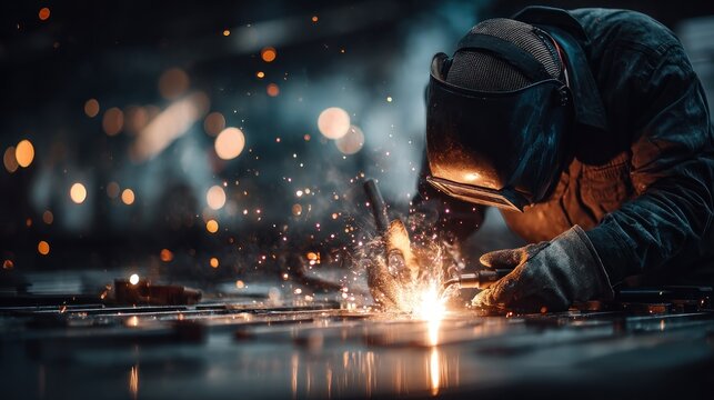 Focused welder in action, sparks flying