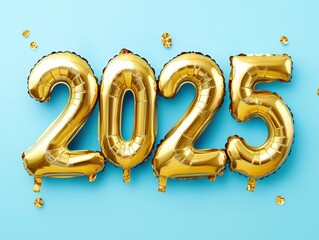 Golden Balloon Numbers Representing the Year 2025 on a Bright Background