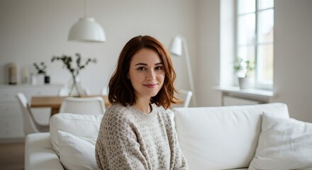 A young woman with red hair smiles sweetly on a white sofa in a stylish living room setting.