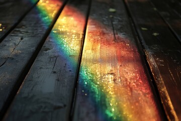 Vibrant Rainbow Reflection on a Wooden Surface After Rain