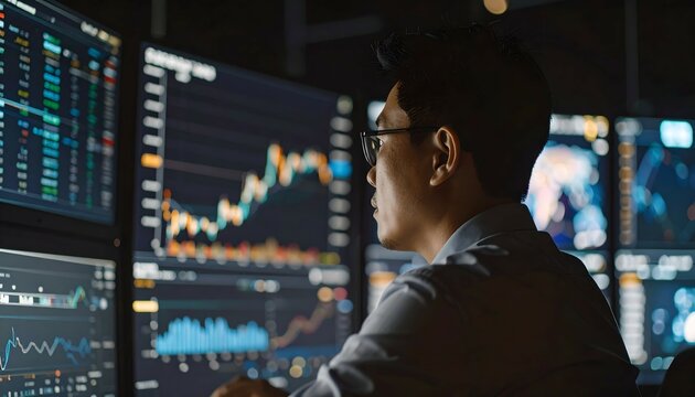 Asian trader analyzes stock market data on multiple screens