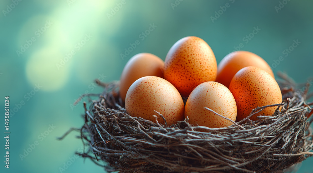 Poster brown eggs nestled in a rustic nest. six brown speckled eggs rest gently in a small nest made of twi