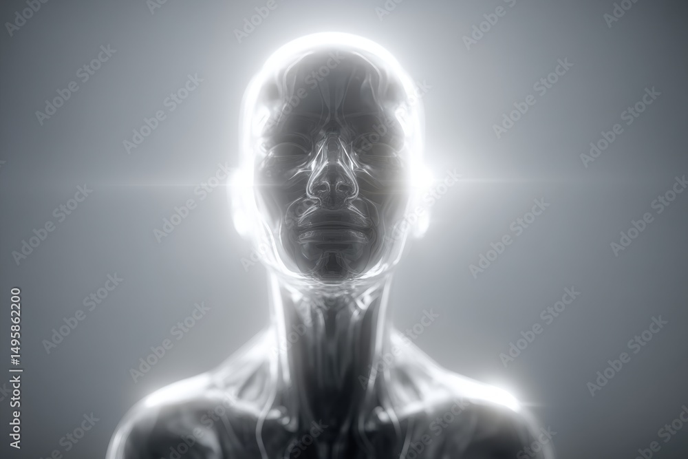 Poster an abstract metallic human figure emerges from the light, a conceptual representation of artificial 