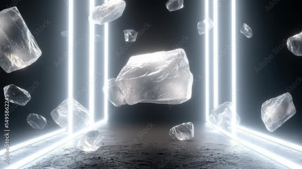 Poster futuristic scene with floating ice cubes and glowing light beams, creating a surreal visual experien