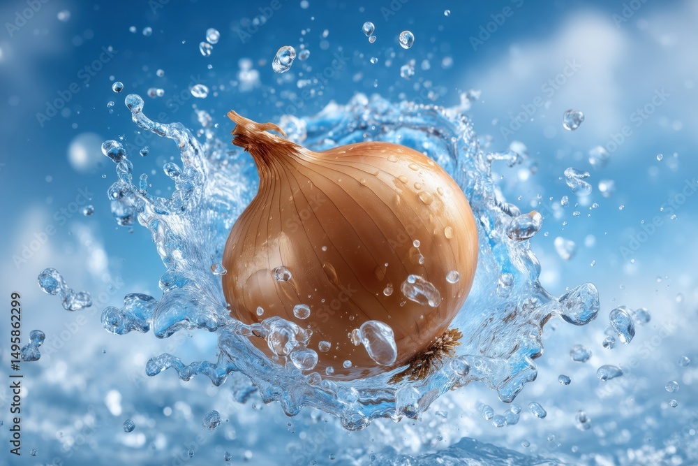 Poster onion splashes into clear water creating vivid freeze-frame moment. soft blue background enhances vi