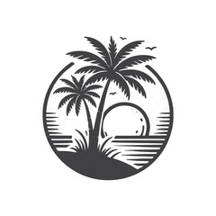 Fototapeta premium Vintage Hand-Drawn Coconut Palm Illustration – Sunset in Background Tropical Engraved Style Vector for T-Shirts, Posters, Stickers, and Island-Themed Apparel