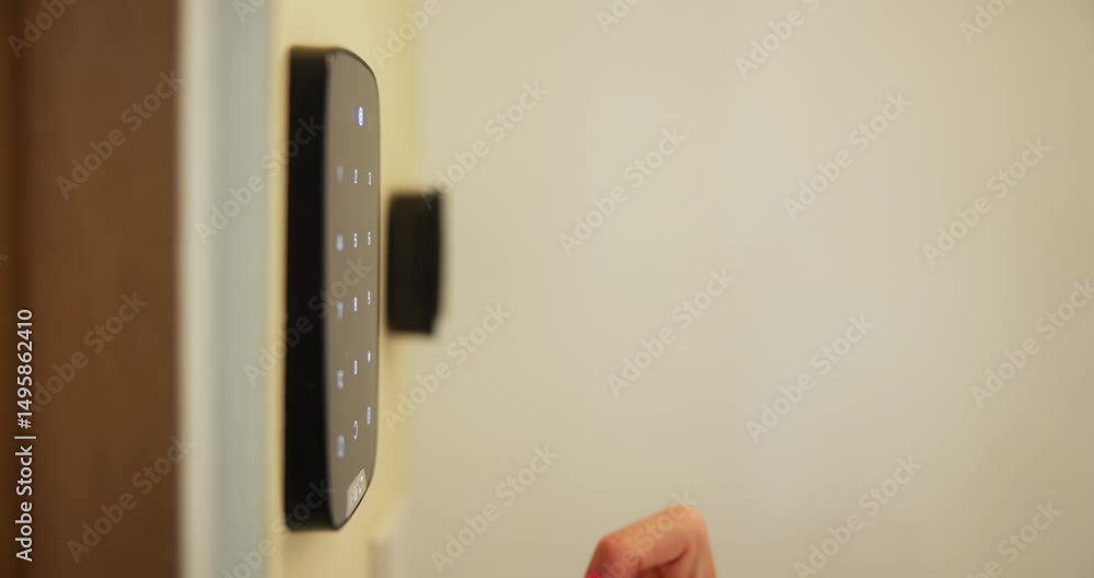 Poster Smart home, security system and hand of woman with technology for access, safety or control panel. AI software app, house automation or closeup of person with touchscreen keypad for password code