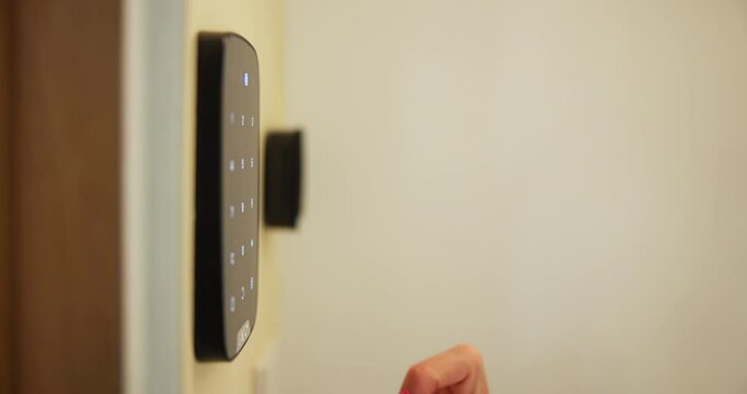 Smart home, security system and hand of woman with technology for access, safety or control panel. AI software app, house automation or closeup of person with touchscreen keypad for password code