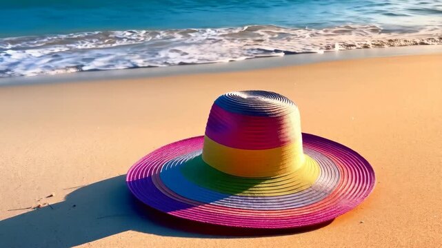 Stripped sun hat rests on sandy beach with crashing waves in background at bright, sunny seaside resort location