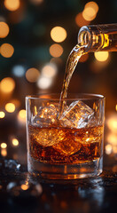 Pouring a refreshing drink over ice. A bartender pours a sparkling beverage over ice in a glass, with blurred warm lights in the background.