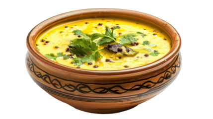Traditional bowl of yellow lentil soup garnished with cilantro, served on a wooden table